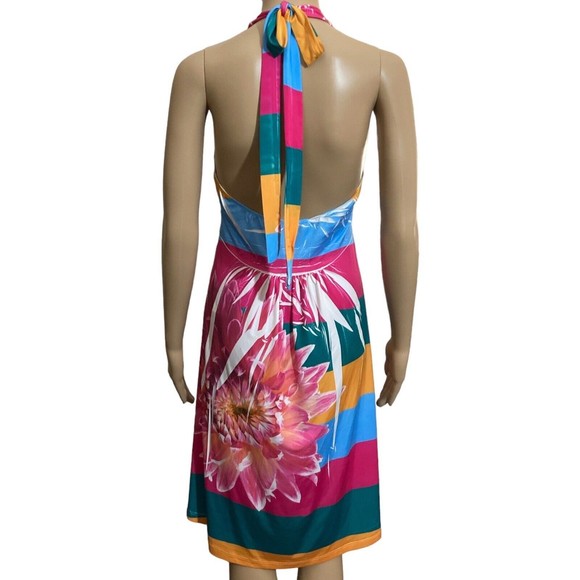 Love J Womens Large Halter Dress Sundress Pink Green Yellow Floral Bling Stretch - Picture 5 of 7